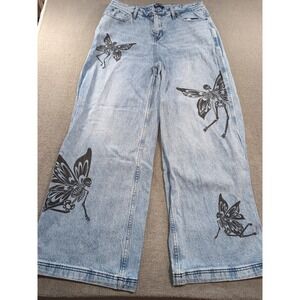 HOT TOPIC Skeleton Fairy Jeans Wide Leg Size 11 Baggy Punk Goth Light Wash